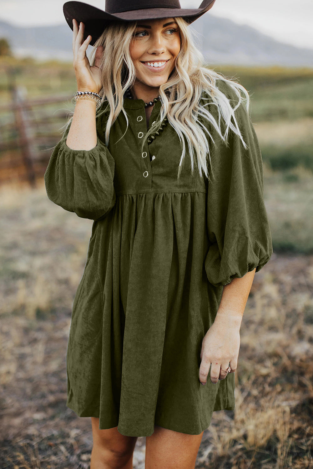 Green Corduroy Snap Buttons Empire Waist Bracelet Sleeve Dress