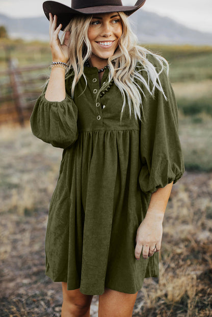 Green Corduroy Snap Buttons Empire Waist Bracelet Sleeve Dress