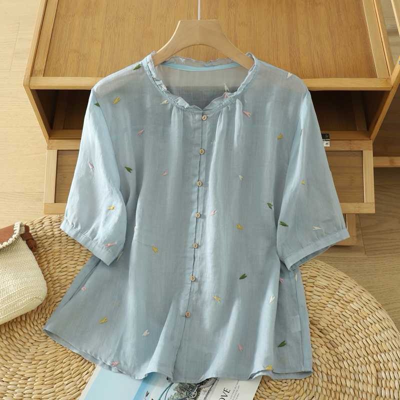 Soft Breeze Embroidered Cotton Classic Light Blue Top - The Sheen