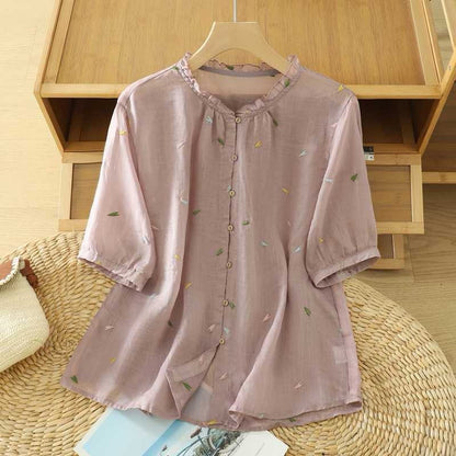 Soft Breeze Embroidered Cotton Purple Top - The Sheen