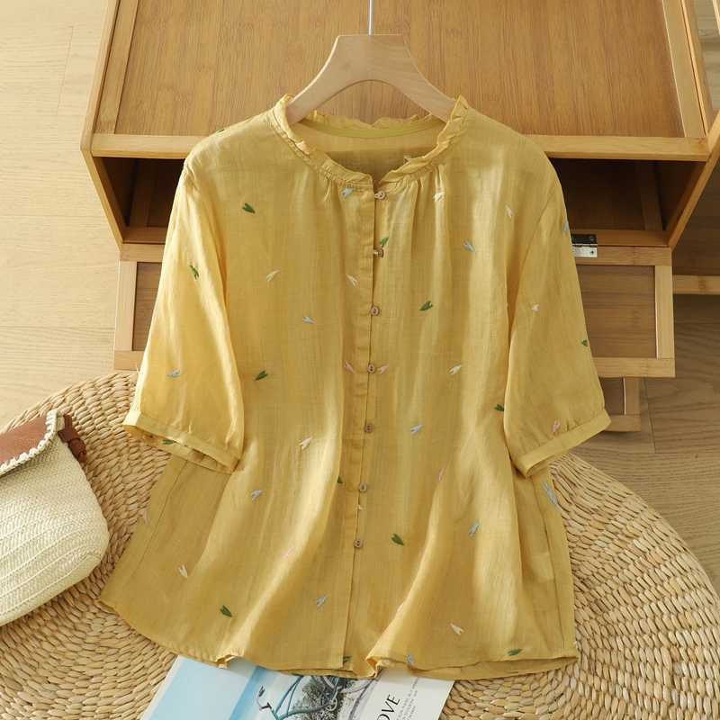 Soft Breeze Embroidered Cotton Musterd Yellow Top - The Sheen