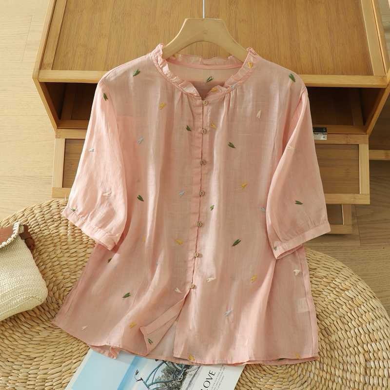 Soft Breeze Embroidered Cotton Pink Top - The Sheen