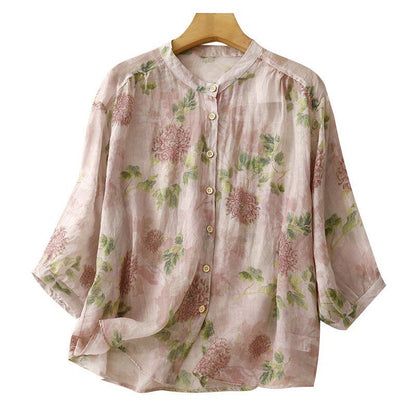 Chic Mandarin Collar Floral Print Shirt