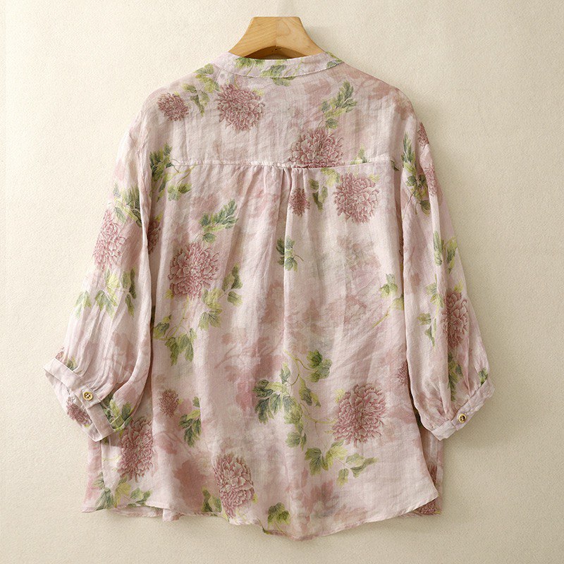 Chic Mandarin Collar Floral Print Shirt