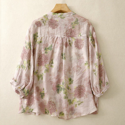 Chic Mandarin Collar Floral Print Shirt