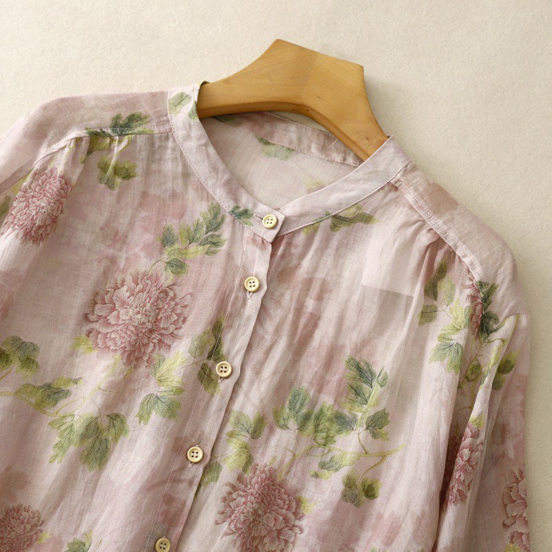 Chic Mandarin Collar Floral Print Shirt