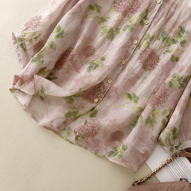 Chic Mandarin Collar Floral Print Shirt