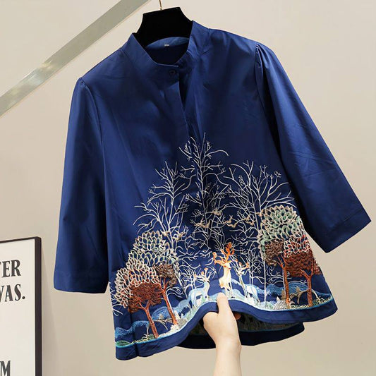 Embroidered Forest-Inspired Cotton Blue Shirt - The Sheen