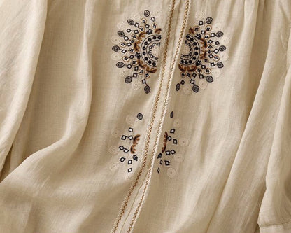 Pure Cotton-Linen Shirt With Bohemian Embroidered